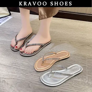Дамски обувки KRAVOO, Джапанки с кристали, Дамски чехли, Сандали с нитове, Дамски обувки, без закопчалка, Плажни пързалки Големи размери 2023