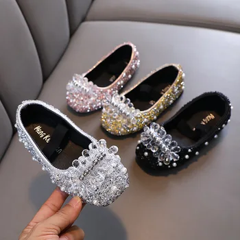 Детски обувки; Танцови Кожени обувки Принцеси За момичета; Обикновена Модни Вечерни обувки С кристали Подметка; Нескользящие Сватбени Обувки