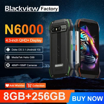 Blackview N6000 Водоустойчив Мини-Смартфон от 16 GB, 256 GB 4,3-Инчов Дисплей, Андроид 13 NFC Мобилен телефон на 48-мегапикселова Камера Хелио G99 Octa Core