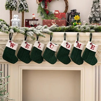 Нови Зелени Възли Вълнени чорапи с Бродерия във формата на Снежинки, Коледно Дърво, Окачена Висулка, Украса за Коледното парти, Подарък пакет