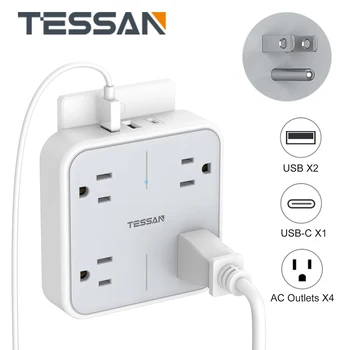 Удължителен кабел с няколко розетки TESSAN с 4 розетки на променлив ток и 3 USB 1 USB порт C), стенно зарядно устройство с няколко USB и защита от пренапрежение