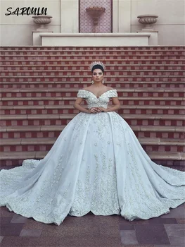 Секси Сватбена рокля с дълбоко V-образно деколте и открити рамене, Романтична сватбена рокля с аппликацией под формата на 3D цветя, в Елегантна Vestidos De Новия