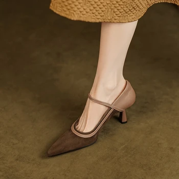 2023 Пролетни дамски обувки-лодка с остри пръсти, дамски обувки на тънък ток от вълна от овце, велур, дамски обувки на висок ток-висок ток, ръчно изработени Обувки с катарама