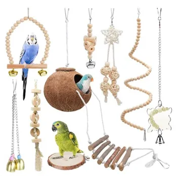 Играчки За папагали Комбинираната играчки за папагали Птичето гнездо от кокосови черупки, комплект от 8 теми, дървена платформа, Качающаяся стълба