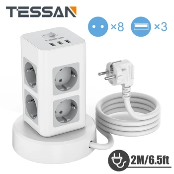 TESSAN Multiple Socket Power Strip Tower с 3/8 розетки на променлив ток и 3 USB порта, Европа, Корея, удължител, защита от пренапрежение