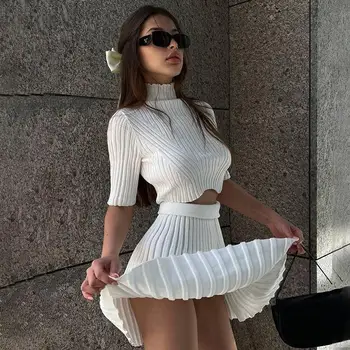 Есен нова мода темперамент секси тънка трикотажная пола на райета с къси ръкави обикновен костюм, елегантна луксозна дамски дрехи