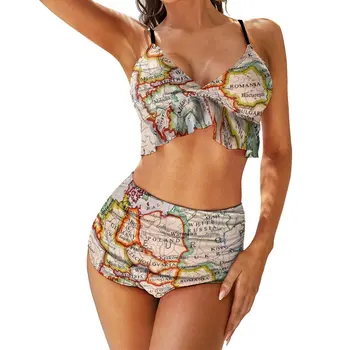 Карта на Европа Бански Бикини с винтажным принтом, Бански с висока талия, Секси Комплект от Бикини Kawaii, Бански костюми с ефект повдигащ, Идея за подарък