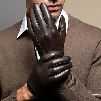 Мъжки Кожени Ръкавици с чувствителен на допир екран, Топли Зимни Ръкавици за шофиране, Ръчен ръкавици