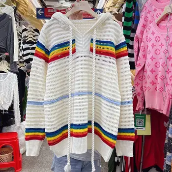 Есента и зимата са 2023, нов дамски пуловер с качулка, вязаный пуловер, Свободен корейски модерен сгъсти топ с изрезки, женски V138