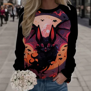 Жена пуловер с принтом на прилеп за Хелоуин, Блузи, с кръгло деколте и дълъг ръкав, Уличен спортен топ, без качулка За дами, есента