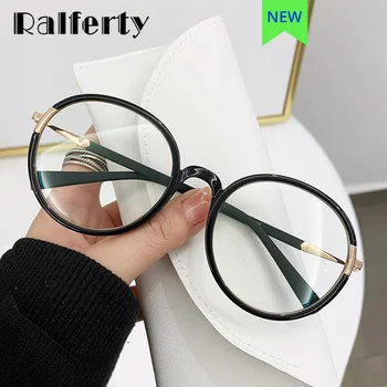Ralferty Големи Кръгли Очила В Рамки Женски TR90 Големи Черни Корейски Модерен Анти-Сини Прости Очила Без Диоптър, Очила За Късогледство