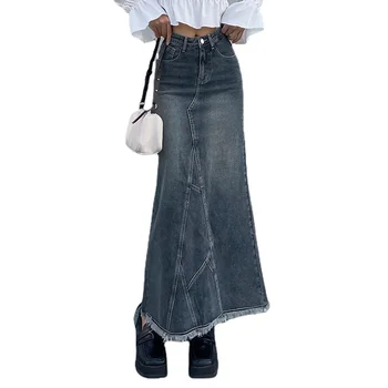 Корейски модни Дамски Дълги дънкови поли с пискюли Y2k, Реколта деним пола 