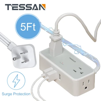 Удължител за контакти TESSAN 7 в 1 с 4 розетки и 3 USB порта, удължителен кабел за захранване с плосък вилица и ультратонким удлинителем с дължина 5 метра за Дома