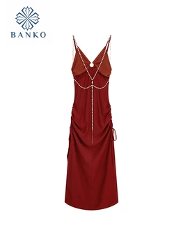 Gyaru, червена рокля на спагети презрамки и без ръкави, Модерно луксозно рокля за бала Трапецовидна форма в нощен клуб, Темпераментен верига, Y2K, топла градинска облекло