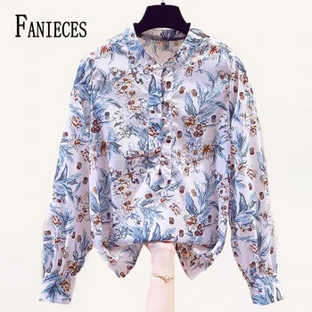 FANIECES Женска риза blusa против estampado в стил бохо с цветен модел, Пролетни шифоновые блузи с дълъг ръкав и яка-часова, Елегантни блузи