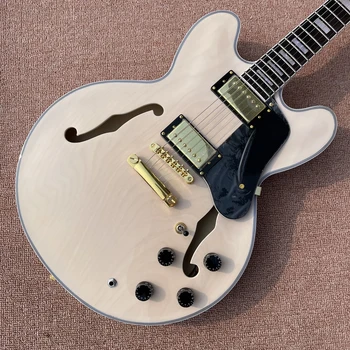 Електрическа китара Jazz ES-335 с кухи корпуса, горни естествен цвят и бяла облегалка, златна профили, безплатна доставка