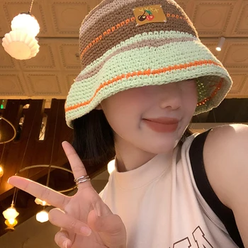 Ins, скъпа вязаная панама с черешова нашивкой, пролетно-летни памучни шапки в японската ретро контрастни райета в японски стил за жени