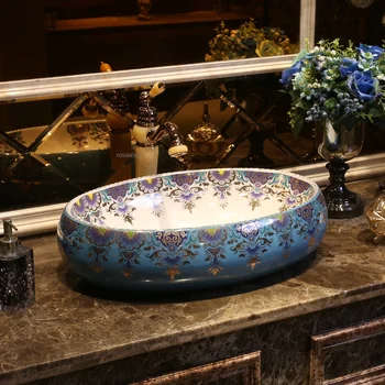Европейският ретро Арт Керамични Овална Мивка Творчески Тоалетка за баня с мивка, батерии и Тоалетни чинии, Плот за кухненски мивки