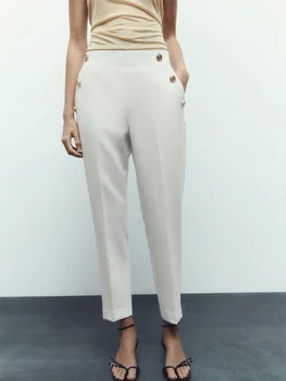 Панталони за жени 2023, Модни златни копчета, прави панталони с дължина до глезена, Разтеглив Елегантни панталони с висока талия за офис Дама