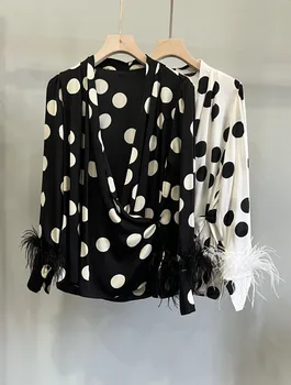 Нова Дамски Модни Коприна блуза с дълги ръкави и принтом пера в грах, Елегантно Дамска блуза за работа в офис, Секси тънък отгоре с V-образно деколте, блуза