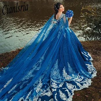 Царско Синьо Буйни рокля с цветя Модел, Сладка Рокля на Принцеса 16, расшитое мъниста, за Парти в чест на рождения Ден, Vestido De 15 Anos