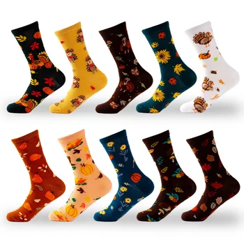 Дамски чорапи за Деня на Благодарността, Хелоуин, Коледа, модни цветни памучни чорапи със собствени мультяшными животни, смешни чорапи с флорални растение в стил Харадзюку