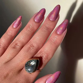 24шт подвижни лилаво блестящи режийни ноктите Aurora designs са залепени на дълги акрилни изкуствени нокти с лепило бадем режийни ноктите