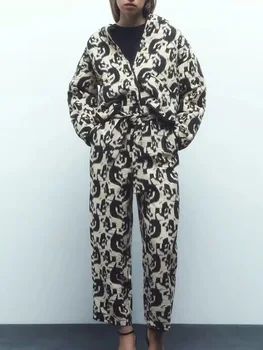 Жената Есен палто 2023 с принтом, Панталони, Комплекти, Костюми, Дамски Ежедневни Однобортная яке, палто + Дълги панталони с еластичен ластик на талията, Женски комплект