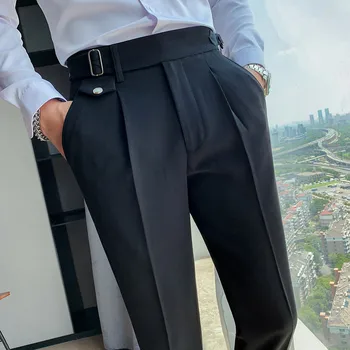Нов Обикновен костюм с висока Талия в Британския Стил, Мъжки Бизнес Официални панталони 2023, високо качество на Тънки Ежедневни Офис панталони