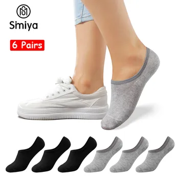 6 Чифта чорапи без показване за жени, невидими чорапи, ежедневни чорапи с дълбоко деколте и противоплъзгаща се дръжка, памучни чорапи, с подплата, дишащи чорапи-лодка