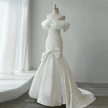 18115 #Елегантна Бяла сватбена рокля на Русалка с открити рамене, Атласное сватбена рокля, с голям нос, сватбени рокли с ръкави-мехурчета, Вечерна рокля Vestidos De Новия