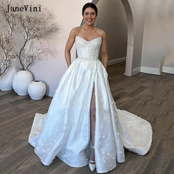 JaneVini Прекрасни Дубайские Арабски Бели Дълги рокли сватба, ръчно изработени с 3D цветя, Перли, Атлас, Секси сватбени рокли с цепка отстрани