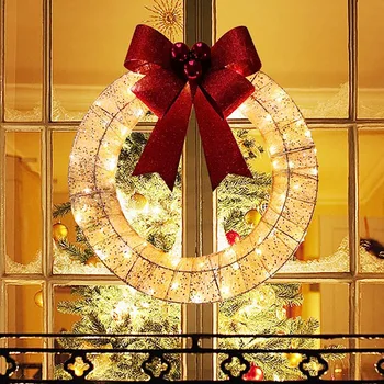 2023 Коледна Гирлянда Метален Светлия Коледен Венец С Голям Лък Топлите светлини на Коледната Входна врата Подвешивание Врати за домашни партита