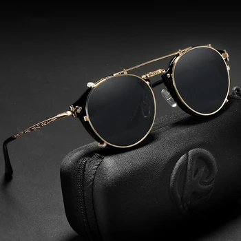 Кръгли слънчеви очила с клипсой в ретро стил Steampunk, Мъжки И женски Двуслойни сменяеми лещи, Очила с резбовани крака в стил барок, с предавателна UV400