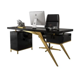 Луксозен компютърна маса от неръждаема стомана от злато, Работно бюро за домашния офис, комплект мебели