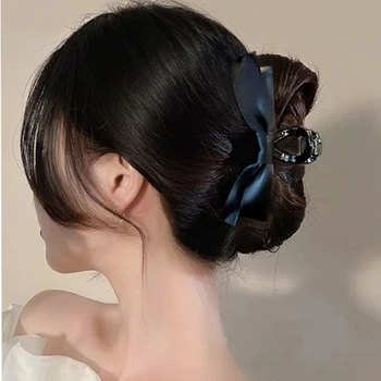 Черна шнола за коса в корейски стил с лък за момичета, Универсална Елегантна Голяма шнола за коса с панделка, женски-популярните летни аксесоари