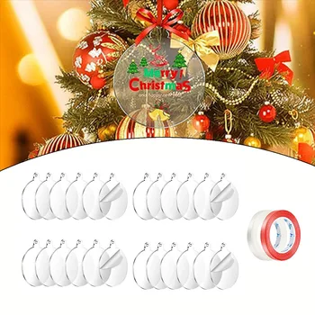 24шт 7,5 см Коледна акрилна кръгла чиния с копринена панделка, Е акрилна декоративна висулка, етикет, Коледно дърво, направи си сам, Дисково занаят