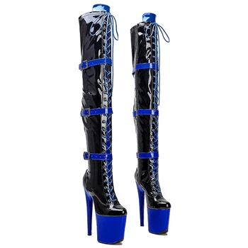 Leecabe 20 см/8 инча, черни със синьо, лакирани, Модерни танци на един стълб, обувки на платформа и висок ток