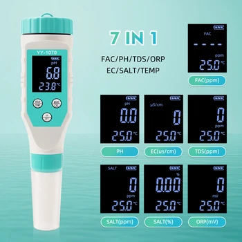7 в 1 Монитор на Качеството на водата Измерител на хлор PH TDS СОЛ ORP FAC ЕО Тестер Температура Анализатор, качество на водата в Басейна за Марикультуры