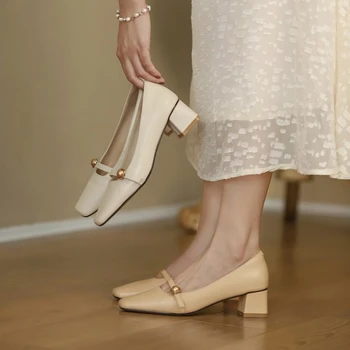 Елегантни Дамски обувки с дебел ток, френски фини обувки с квадратни пръсти в ретро стил, Меки Кожени обувки на висок ток, на Модела обувки-лодка Mary Janes