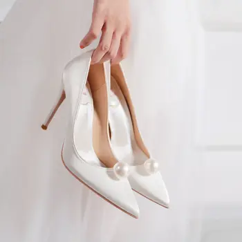 Лятото на 2022, Нови Елегантни дамски обувки за младоженци на сватба парти, Перла сатен лодка, Модерни, Универсални сватбени обувки на висок ток, обикновен цвят