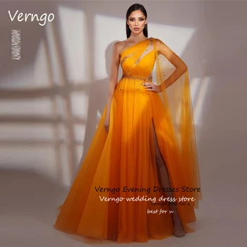 Verngo 2023, Модерни Рокли за Бала на Портокал Тюл с Мъниста, Вечерни рокли с цепка с едно рамо, Вечерна рокля за Официалното парти