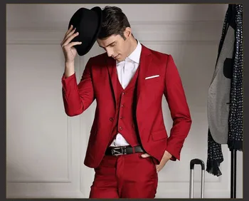 Червена пуговица, комплект от 3 теми (яке + панталон + вратовръзка), Модерен смокинги с изрезки, вечерни костюми, ушити по последния стил, висококачествени мъжки костюми