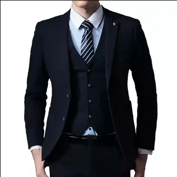 Индивидуален дизайн, мъжки костюм в тъмно синьо, комплект от 3 теми, оборудвана мъжки Блейзър, Бизнес случайни мъжки костюм, комплект от 3 теми